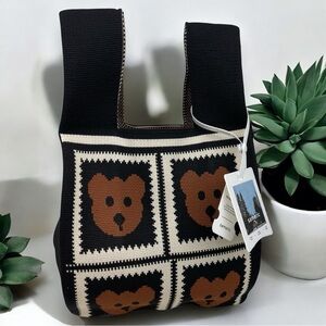 NWT Black/White Brown Bear Compact Stylish Essentials Handheld Bag